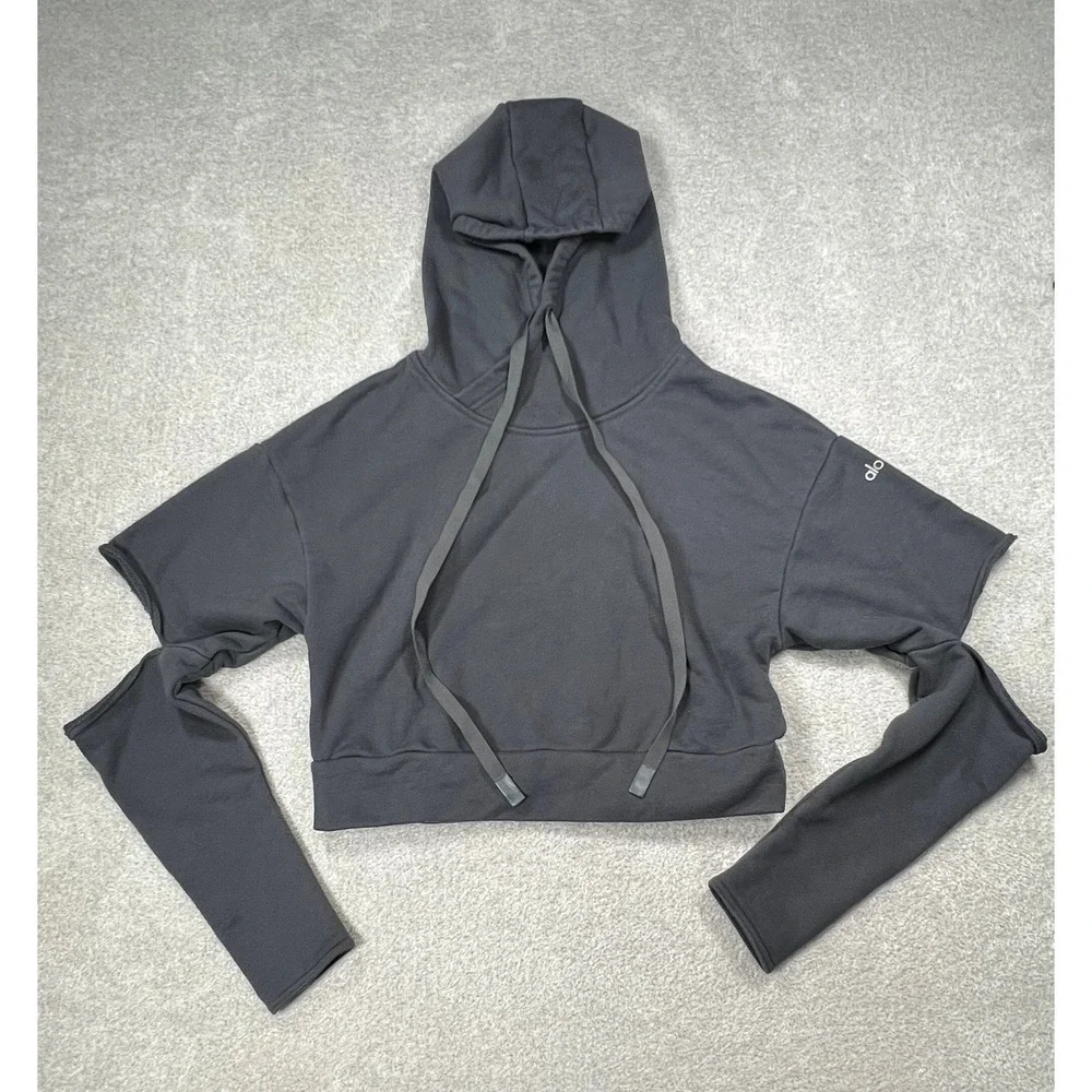Alo Yoga Cutout Cropped Hoodie XS/S Anthracite Grey Elbow Detail Yoga Wear Gym